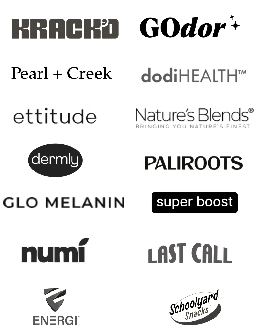 Logos of brands using Lockscreen, including Krack'd, Paliroots, GOdor, Numi, ettitude, Last Call, Pearl + Creek, Nature's Blends, Schoolyard Snacks, dermly, super boost, ENERGI, Glo Melanin, and dodiHEALTH