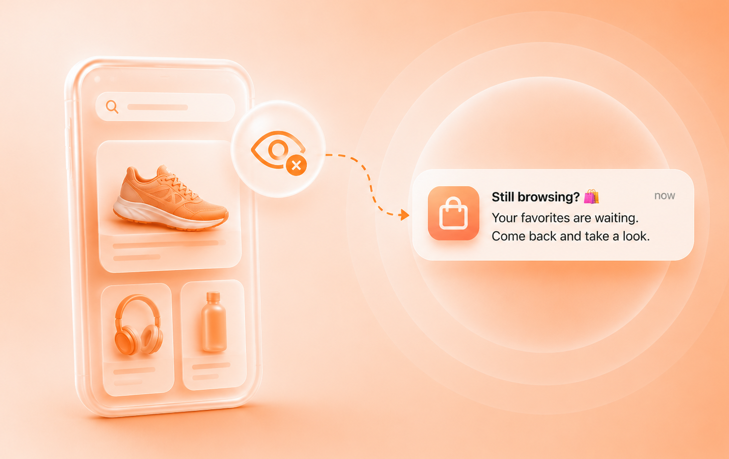 A product browsing session triggering a "Still browsing? Your favorites are waiting" push notification